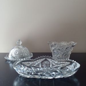 Selling all 3 pieces together cut glass crystal butter dish, pickle dish + dish